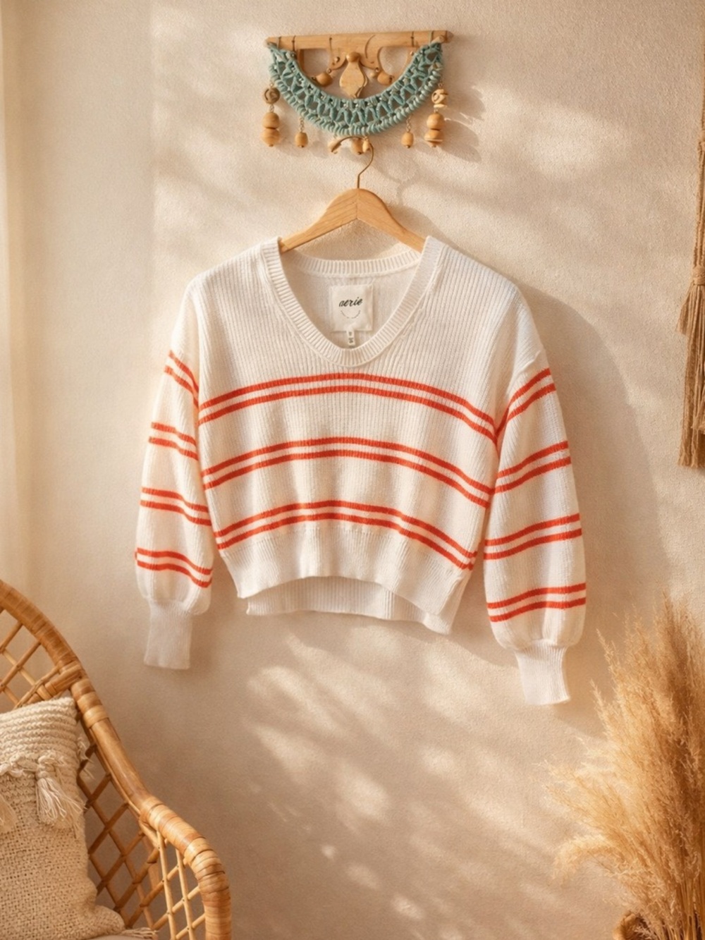 Aerie Cropped Striped Knit Sweater White Red Size XXS